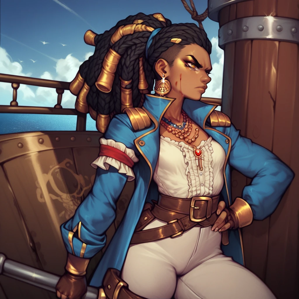 black pirate woman with long dreadlocks tied in a ponytail, yellow eyes clothes covered in blood, small breasts, blue coat, white pants, white oversized shirt, serious face, belts all over her body, stormy weather, dark sky, on ship, hands crossed, badass, golden earrings and necklaces