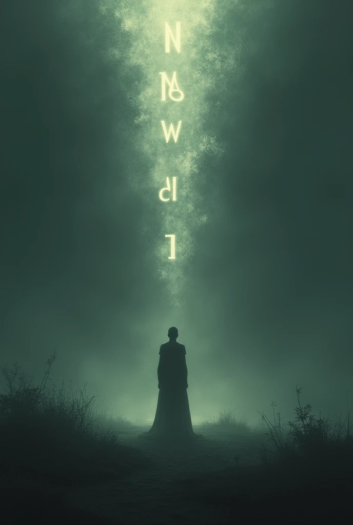 "Even when we are physically alone and busy, we are always spiritually connected to those who dwell in our hearts. Create an image that reflects this sentiment, with a slightly dark atmosphere. The scene should show a solitary figure, symbolizing physical solitude, while faint, ethereal presences represent the spiritual connection. The name 'Nawal' should be subtly and almost imperceptibly included in the image, blending into the background, to convey the idea of an unseen yet ever-present bond."