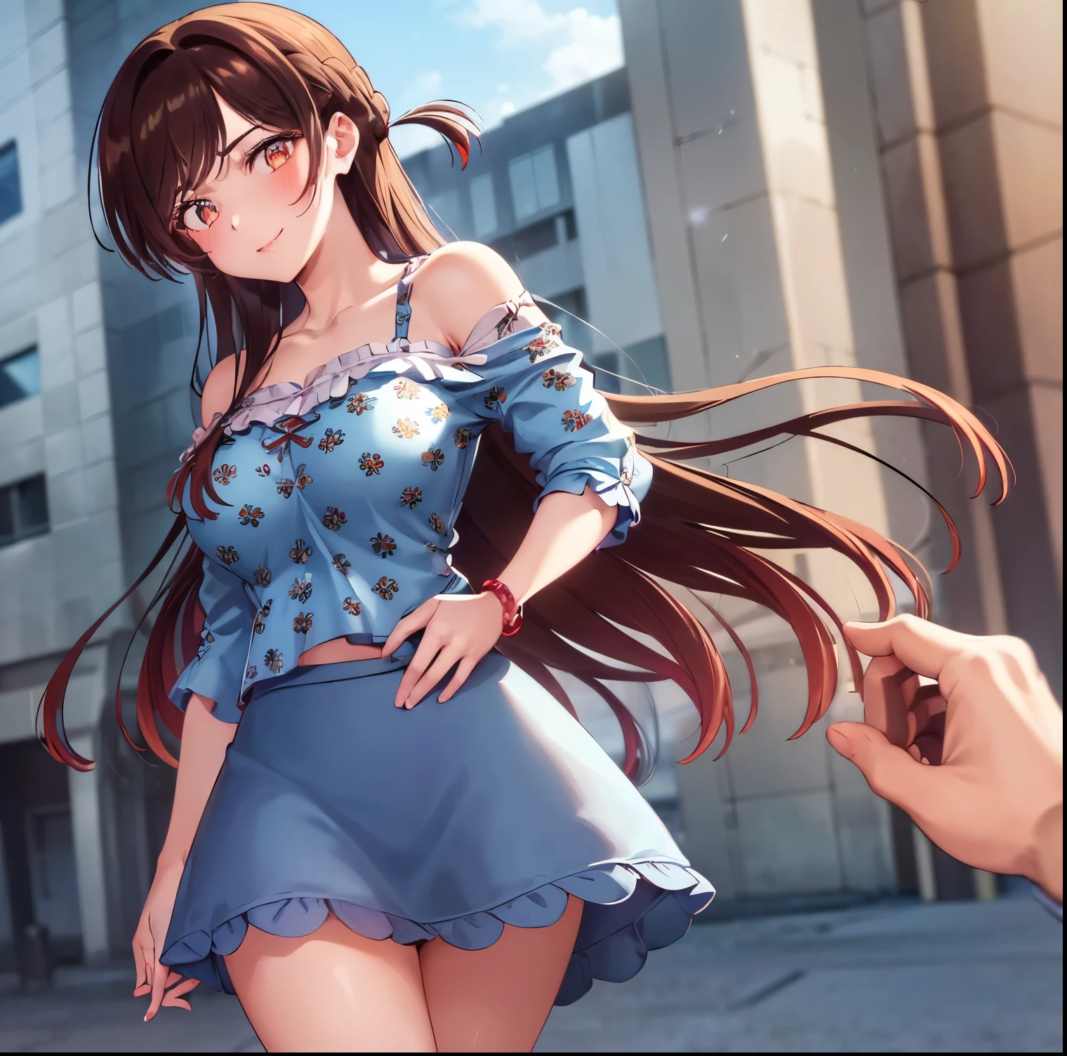 ((1girl)),((alone)),Chizuru Mizuhara, (kanokari),(masterpiece), (best quality), (ultra detailed), (best illustration), (best shadow), (absurdities), sharp focus , cowboy photo, atmospheric perspective, depth of field, dynamic posture looking at the viewer, big breasts, narrow waist, wide hips, wide thighs, round butt, erotic, romantic, (highly detailed eyes, lips 1.1), highly detailed eyes, eyes, Very detailed face, Very pretty face, Symmetrical face, Aesthetic face, perfect face, perfect eyes, detailed eyelashes: 1.5), full height, beautiful slender figure, femininity, expressive appearance, elastic big breasts, sexuality, half-open lips, eyes brown,Long hair, brown hair, braid, one side up, bangs, (( bracelet:1.2)), ((bare shoulders:1.3)), ((blue shirt:1.4)), tight shirt:1.3,(( floral print:1.2)), short sleeves, ((off shoulder shirt:1.3)), ruffles:1.2,(( blue skirt:1.4)), pleated skirt, ((short skirt:1.2)), bare arms, legs nude, black heels: 1.2, hand on hip, curves, defined body, perfect and beautiful body, perfect and beautiful, closed mouth, flirtatious expression, smile, blush, (sexy pose: 1.2), ((solo)), standing: 1.3,( (exterior,cityscape,streets, city,day, sunny,buildings, light reflection,)),looking forward,((focus on breasts:1.4)), point of view: (from Middle), perfect anatomy, perfect hands