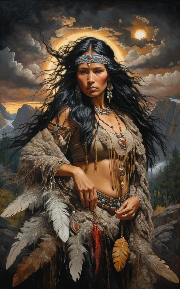 In this evocative oil painting by T Mann, a captivating raven-haired Native American woman takes center stage, emanating a dark allure that transports viewers to the mystical landscapes of her ancestral lands. The woman, adorned with traditional jewelry and clothing, stands proudly amidst swirling clouds and ethereal light. Her piercing gaze holds a secret wisdom, inviting the viewer into a world of enchantment and wonder. The background artfully merges elements of earth and sky, showcasing a breathtaking panorama of mountains, forests, and a setting sun casting a warm, golden glow over the scene. T Mann masterfully blends the artistic styles of Norman Rockwell, Jeremy Mann, John William Waterhouse, Luis Royo, Van Gogh, and Boris Vallejo, creating a mesmerizing, dreamlike atmosphere that stirs the