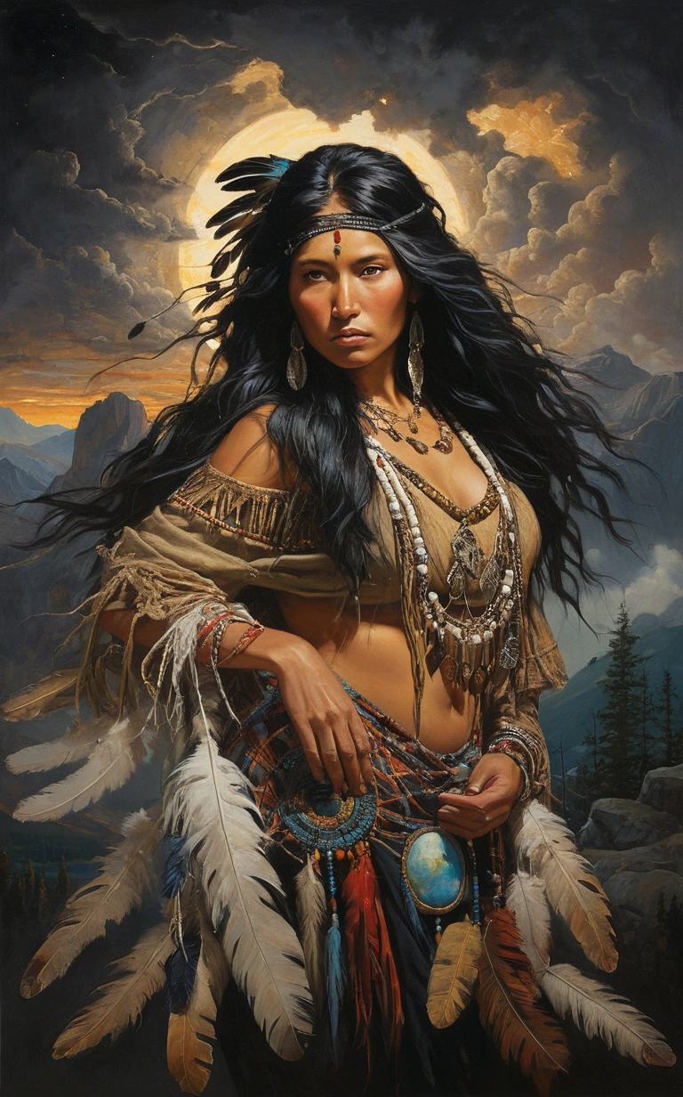 In this evocative oil painting by T Mann, a captivating raven-haired Native American woman takes center stage, emanating a dark allure that transports viewers to the mystical landscapes of her ancestral lands. The woman, adorned with traditional jewelry and clothing, stands proudly amidst swirling clouds and ethereal light. Her piercing gaze holds a secret wisdom, inviting the viewer into a world of enchantment and wonder. The background artfully merges elements of earth and sky, showcasing a breathtaking panorama of mountains, forests, and a setting sun casting a warm, golden glow over the scene. T Mann masterfully blends the artistic styles of Norman Rockwell, Jeremy Mann, John William Waterhouse, Luis Royo, Van Gogh, and Boris Vallejo, creating a mesmerizing, dreamlike atmosphere that stirs the