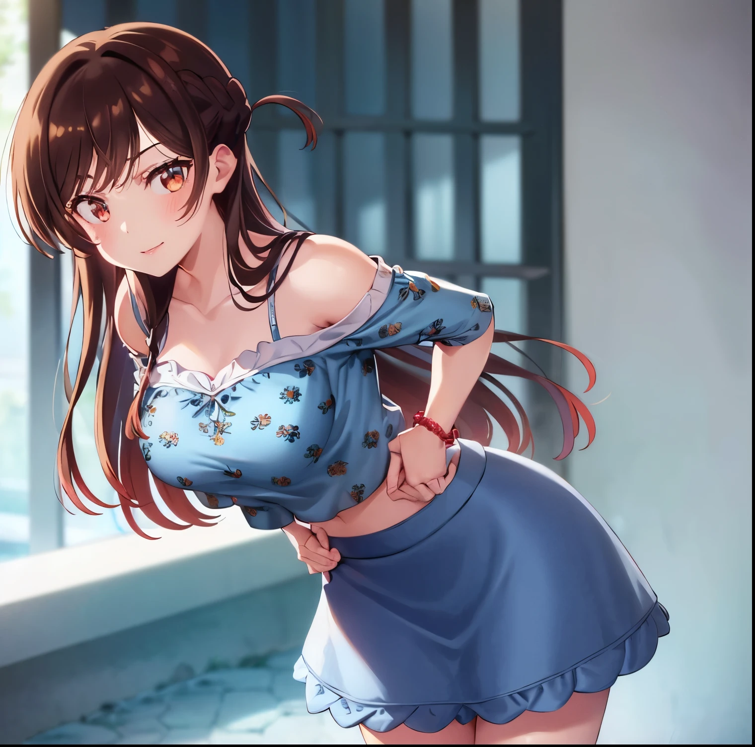 ((1girl)),((alone)),Chizuru Mizuhara, (kanokari),(masterpiece), (best quality), (ultra detailed), (best illustration), (best shadow), (absurdities), sharp focus , cowboy photo, atmospheric perspective, depth of field, dynamic posture looking at the viewer, big breasts, narrow waist, wide hips, wide thighs, round butt, erotic, romantic, (highly detailed eyes, lips 1.1), highly detailed eyes, eyes, Very detailed face, Very pretty face, Symmetrical face, Aesthetic face, perfect face, perfect eyes, detailed eyelashes: 1.5), full height, beautiful slender figure, femininity, expressive appearance, elastic big breasts, sexuality, half-open lips, eyes brown,Long hair, brown hair, braid, one side up, bangs, (( bracelet:1.2)), ((bare shoulders:1.3)), ((blue shirt:1.4)), tight shirt:1.3,(( floral print:1.2)), short sleeves, ((off shoulder shirt:1.3)), ruffles:1.2,(( blue skirt:1.4)), pleated skirt, ((short skirt:1.2)), bare arms, legs nude, black heels: 1.2, hand on hip, curves, defined body, perfect and beautiful body, perfect and beautiful, closed mouth, flirtatious expression, smile, blush, (sexy pose: 1.2), ((solo)), standing: 1.3,( (exterior,cityscape,streets, city,day, sunny,buildings, light reflection,)),looking forward,((focus on breasts:1.4)), point of view: (from Middle), perfect anatomy, perfect hands