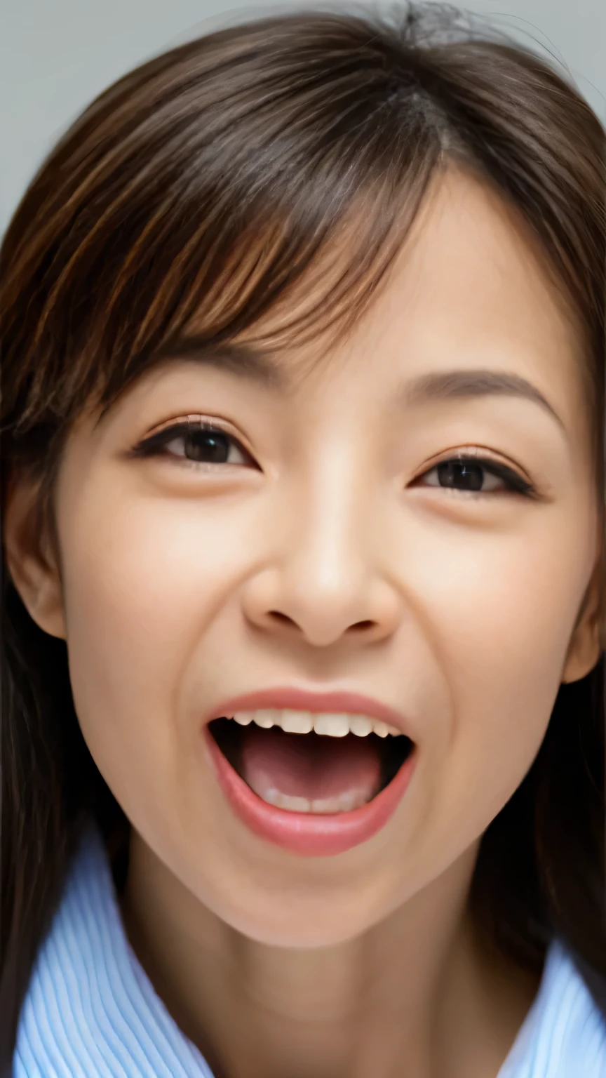 (Realistic:1.5), Browsing Caution, masterpiece, Ultra-high resolution, Very detailed, Japanese women, wonderful, Elegant long hair details, Mature Woman, 40 years old、 ((Realistic skin texture: 1.1)), (Fine wrinkles that appear all over the skin: 1.1), (Dullness: 1.1), (Unmoisturized skin: 1. 1）、（Facial wrinkles：0.9）、 （Wrinkles around the eyes：1.1）、double eyelid、Lower eyelid furrow、（Tears：0.9）、Off-the-shoulder tops, mouthを開けて舌をmouthから突き出します, Long exposed tongue, Detailed teeth, Detailed tongue expression, Long tongue tip, A gaze that looks up at the viewer, Looking down on your subject from above, Expression of fine eyes, Focus precisely on your audience, The look of surprise when sausages are stuffed into a target;mouth、
