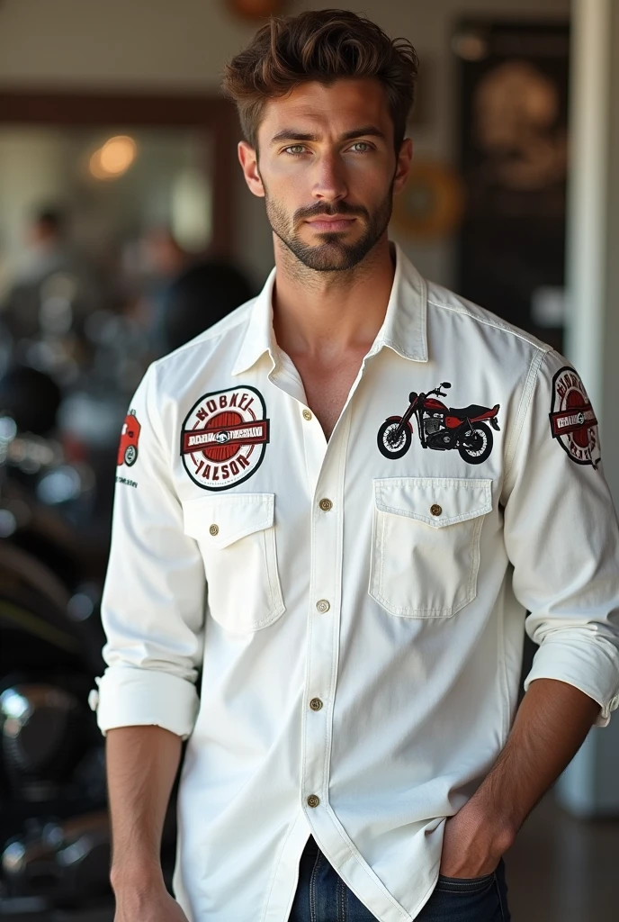 White flannel with DT motorcycle logos