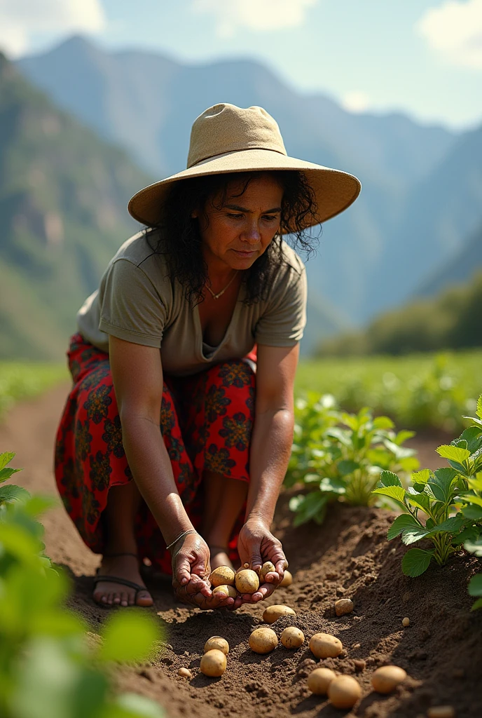 A Bolivian woman in a skirt is doing potato harvesting work