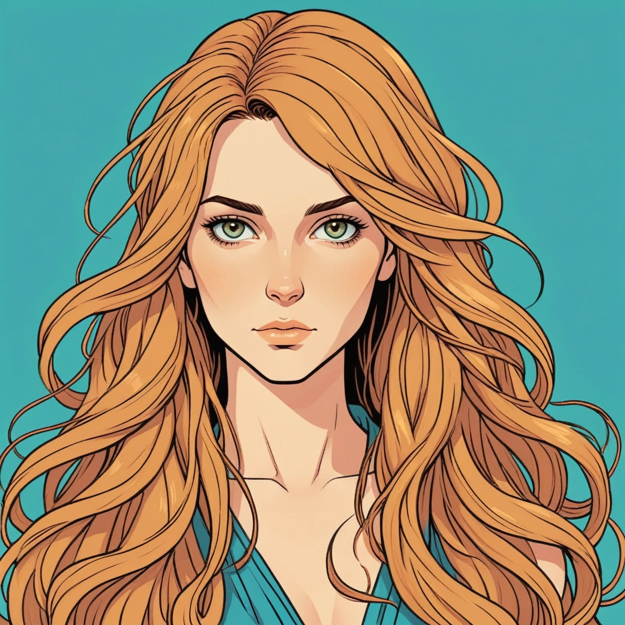 graphic novel illustration, flat colors, lineart, a beautiful woman, pluggag, closed mouth, looking at viewer, long hair, flowing hair,