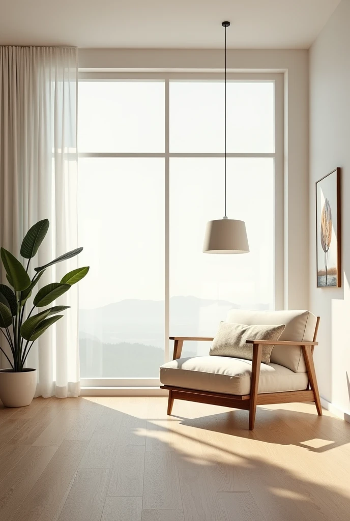 a minimalist room, minimalist interior, modern decor, clean lines, white walls, wooden floor, large window, natural light, potted plant, minimal furniture, comfortable armchair, abstract painting on wall, simple pendant light, calming atmosphere, serene, peaceful, tranquil, elegant, refined, sophisticated, high-quality, masterpiece, photorealistic, ultra-detailed, 8k, HDR