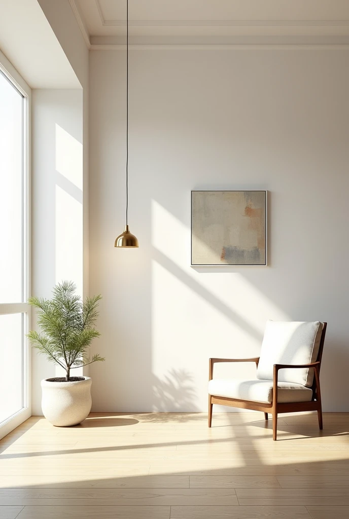 a minimalist room, minimalist interior, modern decor, clean lines, white walls, wooden floor, large window, natural light, potted plant, minimal furniture, comfortable armchair, abstract painting on wall, simple pendant light, calming atmosphere, serene, peaceful, tranquil, elegant, refined, sophisticated, high-quality, masterpiece, photorealistic, ultra-detailed, 8k, HDR