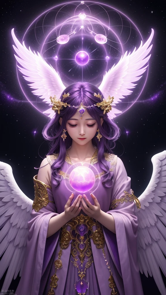 purpleish color、An angelic and enchanting god with wings、Holding a glowing sphere in your hand staring directly at camera, at centre,Very bright colors, light Particle, with light glowing, Mushiv, Wallpaper Art, UHD Wallpapers、Background purple、mystical、Non-personal、cart、Upper Body Up、Mediums