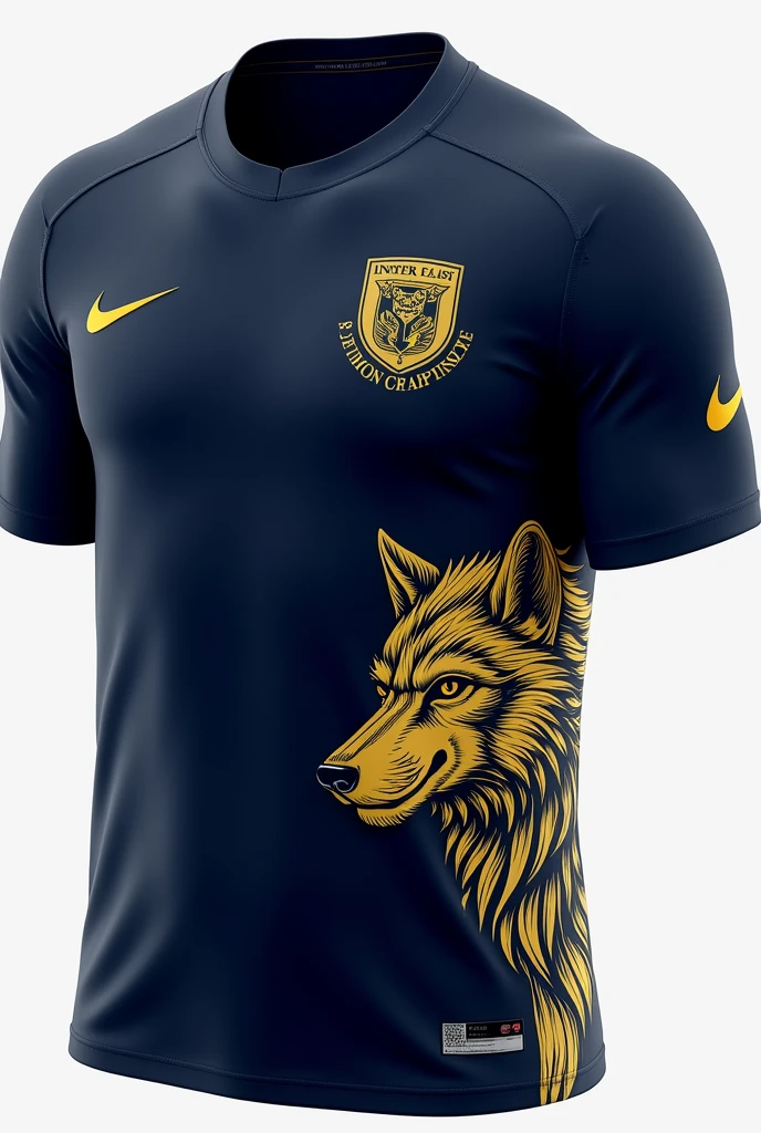I need a shirt for the interclass with the color navy blue and gold. This shirt must have Nike's sponsorship in gold. And in the lower right corner of the shirt a fierce navy blue and gold wolf, being golden as predominant