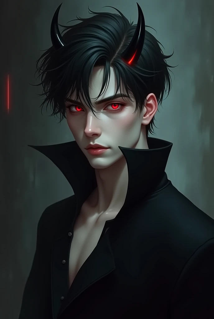 sehr young, Sexy male vampire, young, 19 years, Man with demon horns, black hair and red eyes, sehr young