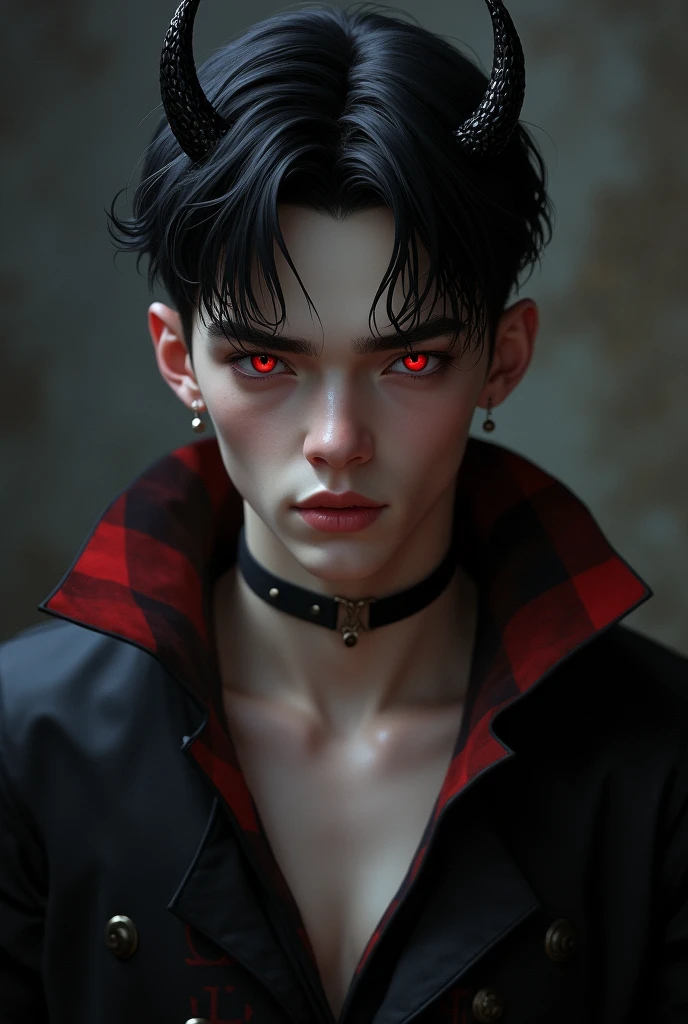 sehr young, Sexy male vampire, young, 19 years, Man with demon horns, black hair and red eyes, sehr young
