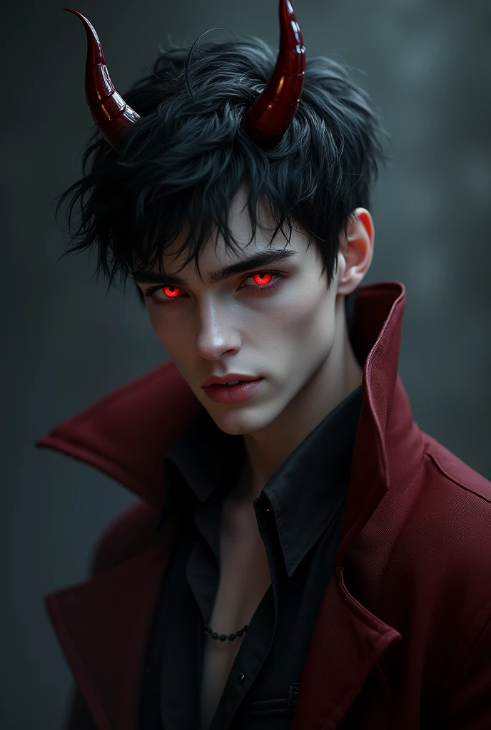 sehr young, Sexy male vampire, young, 19 years, Man with demon horns, black hair and red eyes, sehr young