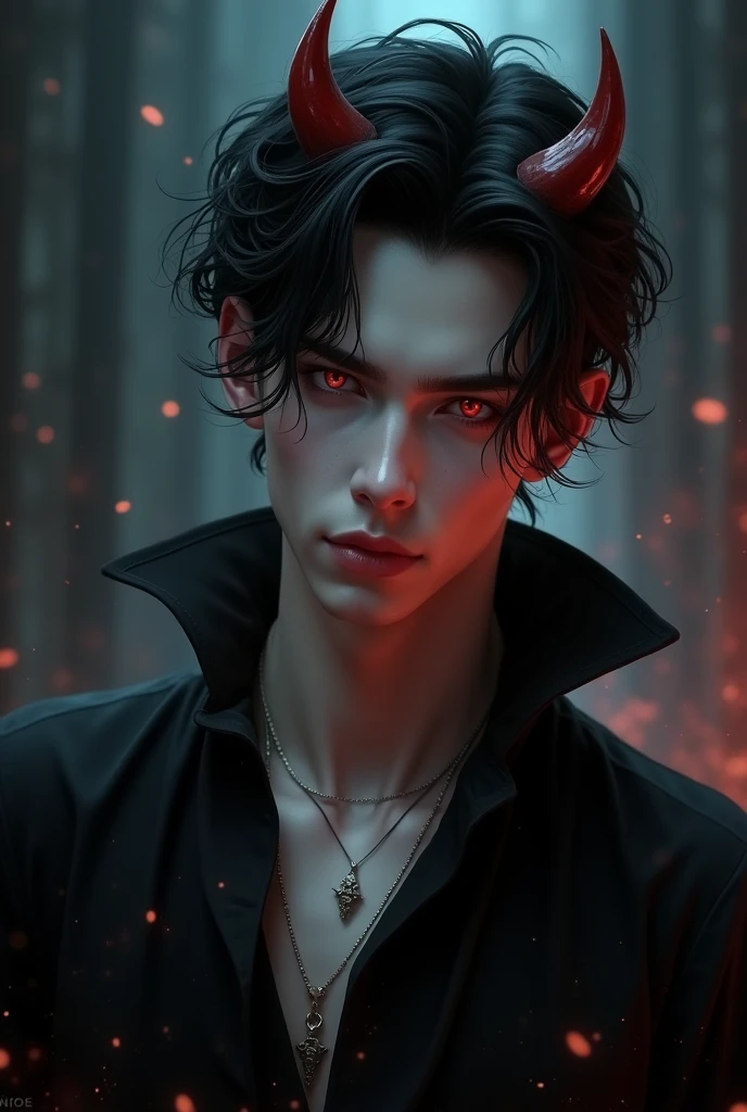 sehr young, Sexy male vampire, young, 19 years, Man with demon horns, black hair and red eyes, sehr young