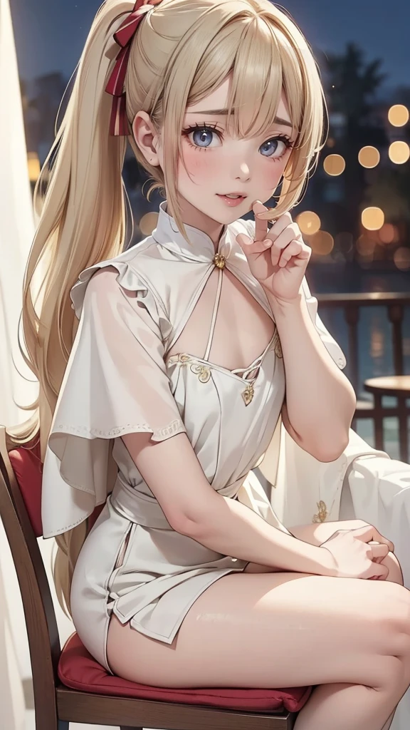 (masterpiece),(highest quality:1.2),((Perfect Anatomy)),(Perfect Fingers:1.3),(The right move:1.3),(1 girl),(Flat Chest),highest quality,Blonde ponytail,Blunt bangs,(From the side)(Glancing sideways),Beautiful and detailed red eyes,Beige Capelet Fashion,Sitting in a chair,Outdoors at night,Disappointed,Cinema Lighting,Written boundary depth,Bokeh,Pastel Tones,Captivating smile