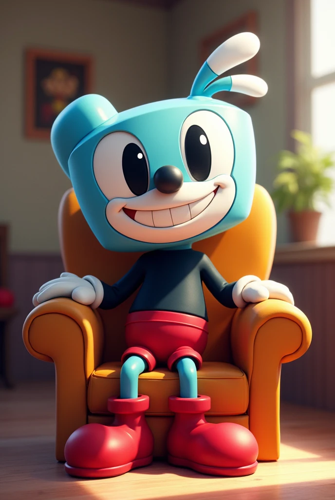 Mugman solo, looking at viewer, smile, 1boy, full body, sitting on chair, looking at viewer