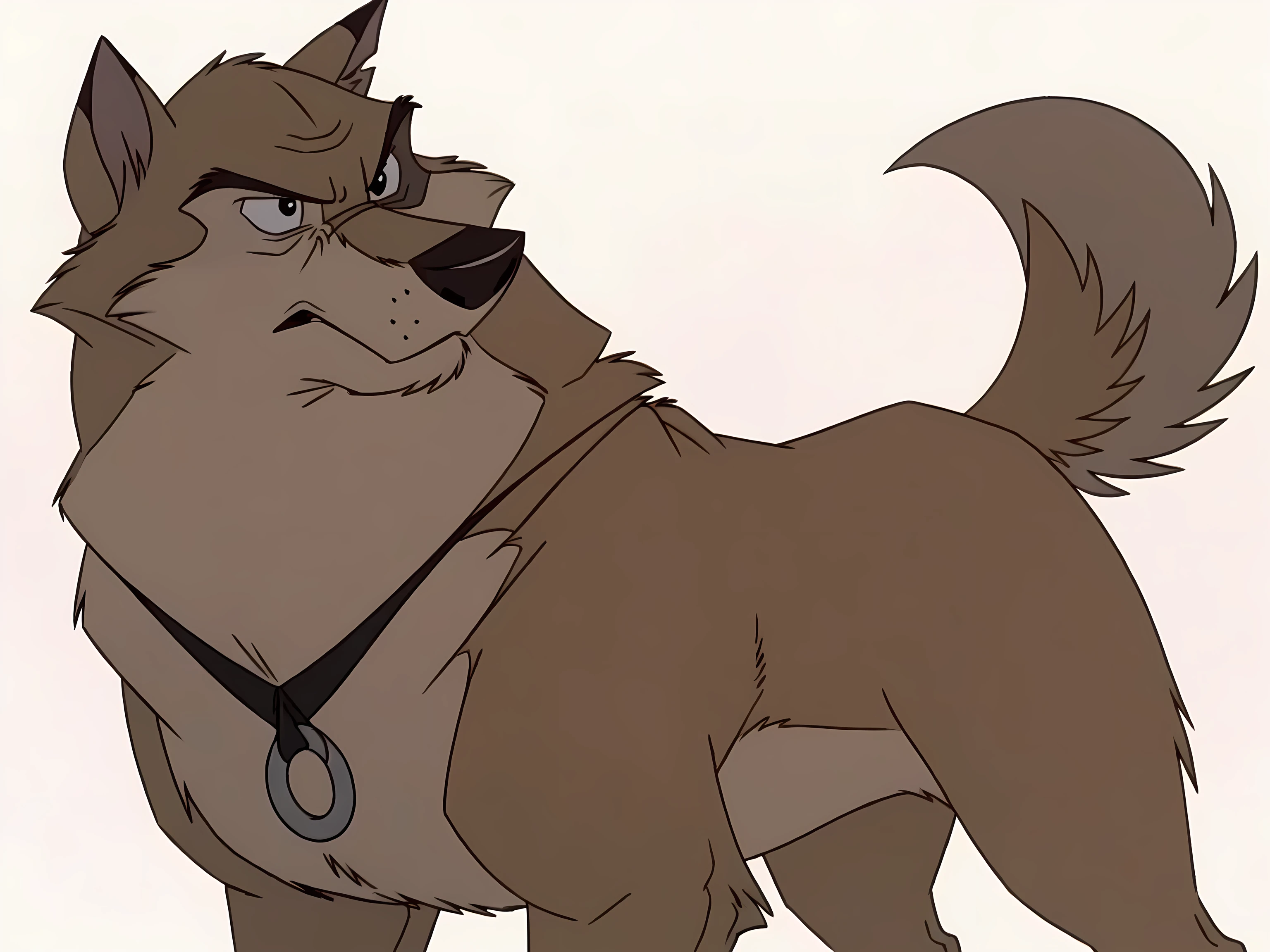 kaltag (balto), full body, feral, detailed, detailed eyes, quadruped, muscular, pectorals:1.1, wfa anatomy, high quality, male, masculine, adult, wolf body, wolf tail, black eyes, cartoon shading, cel shaded:1.0, white background, stern eyes
