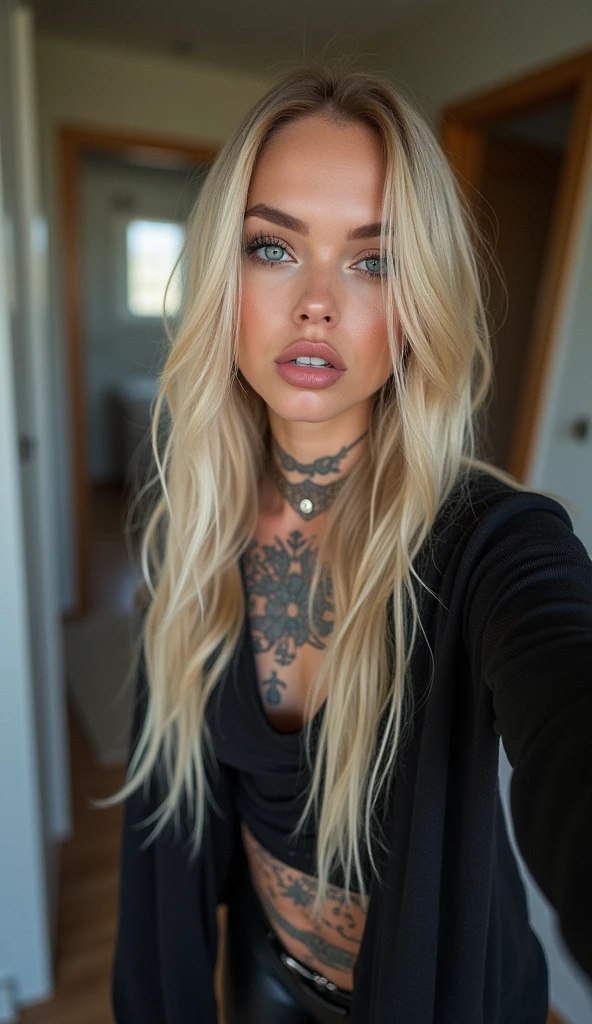 selfie, wink, cute baby-face woman, attractive and seductive expression, shy, blonde straight hair, forehead, make-up, blue eyes, superlative body proportion, covered in tattoos, wearing loose knit shirt, tight fitting leather pants, engineer boots, artistic, hyper, graphic CG digital art in a skinny legging