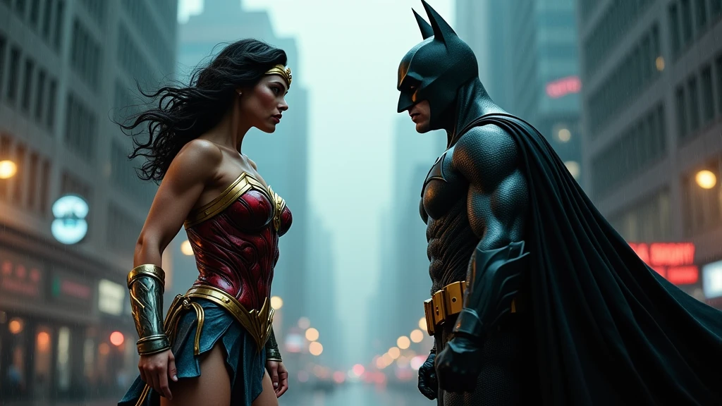 a ultra wide shot of Full body the Wonder woman vs batman in an epic cinematic fight in Gotham City on a rainy night, Battle of heroes, ultra detailed hero clothing, high resolution, ultra realistic, 4k, Wet hair and skin -v