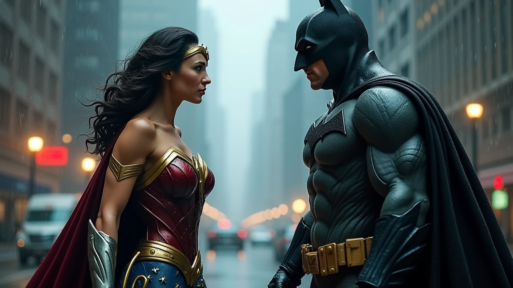 a ultra wide shot of Full body the Wonder woman vs batman in an epic cinematic fight in Gotham City on a rainy night, Battle of heroes, ultra detailed hero clothing, high resolution, ultra realistic, 4k, Wet hair and skin -v