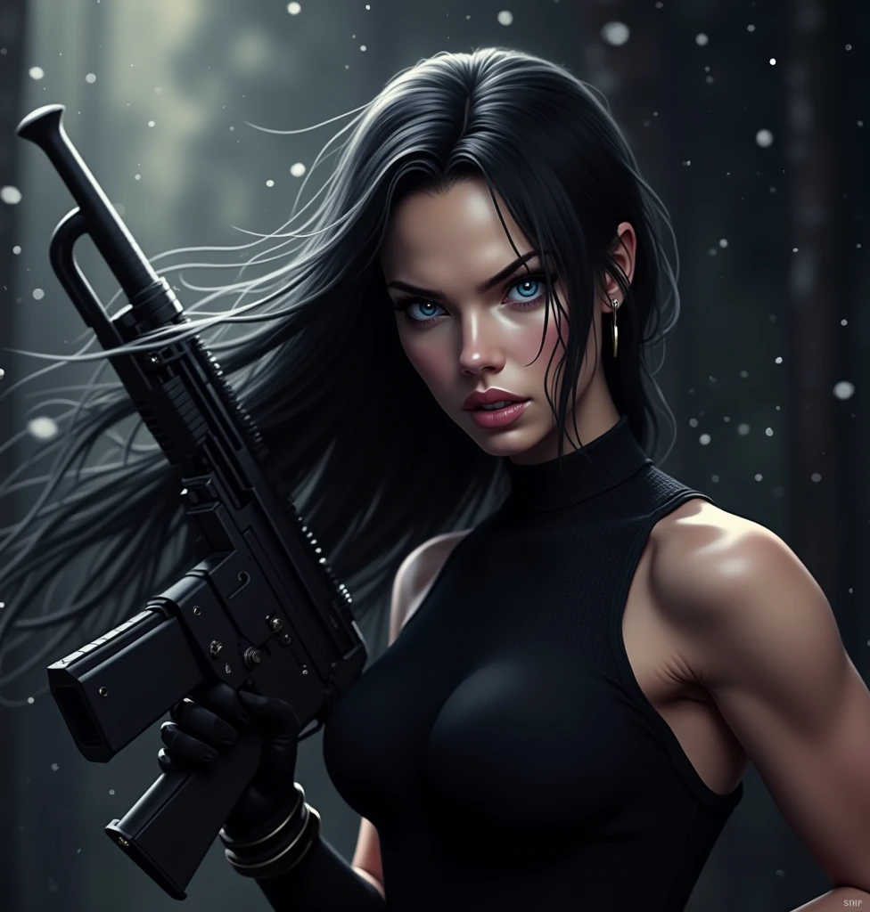 Long jet black hair, (sapphire blue eyes), angry young woman, (detailed eyes), full lips, dressed in black, (holding M249 machine gun), dark dynamic pose, (8k, RAW photo, photorealistic), (lots of eyelashes, best quality, ultra high resolution, depth of field, wide light, natural color, image from a distance, hair with many details, beautiful, megan fox, medium breasts, 8k artgerm bokeh, fanart best artstation, photorealistic render, art in the style of guweiz, inspired by WLOP, ig model | artgerm, deviantart artstation cgscosiety, forest background with snow, landscape view, full image, full body, scenery