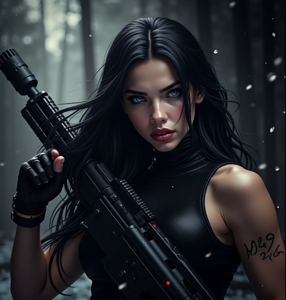 Long jet black hair, (sapphire blue eyes), angry young woman, (detailed eyes), full lips, dressed in black, (holding M249 machine gun), dark dynamic pose, (8k, RAW photo, photorealistic), (lots of eyelashes, best quality, ultra high resolution, depth of field, wide light, natural color, image from a distance, hair with many details, beautiful, megan fox, medium breasts, 8k artgerm bokeh, fanart best artstation, photorealistic render, art in the style of guweiz, inspired by WLOP, ig model | artgerm, deviantart artstation cgscosiety, forest background with snow, landscape view, full image, full body, scenery