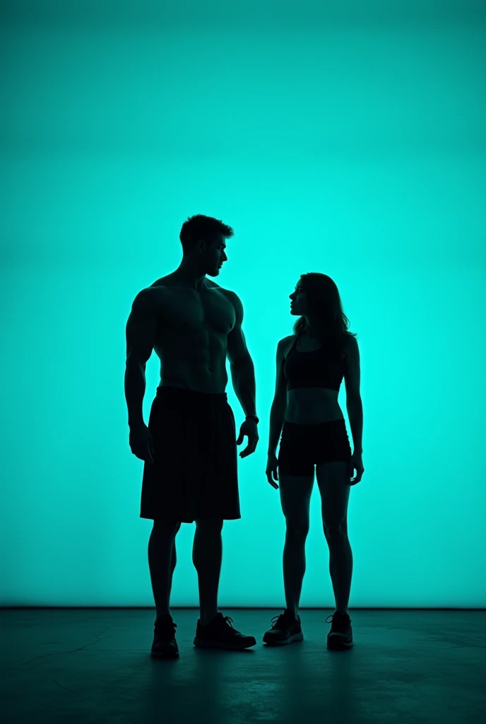 Create a turquoise background image for a Spartan-themed Gym advertising video cover, including two silhouettes, one male and one female
