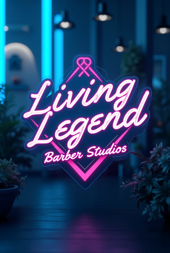 virtual card of a barber shop ;logo :living legend barber studios. In light blue colors/neon and pink, typical of the cyberpunk scene. Formato vertical 