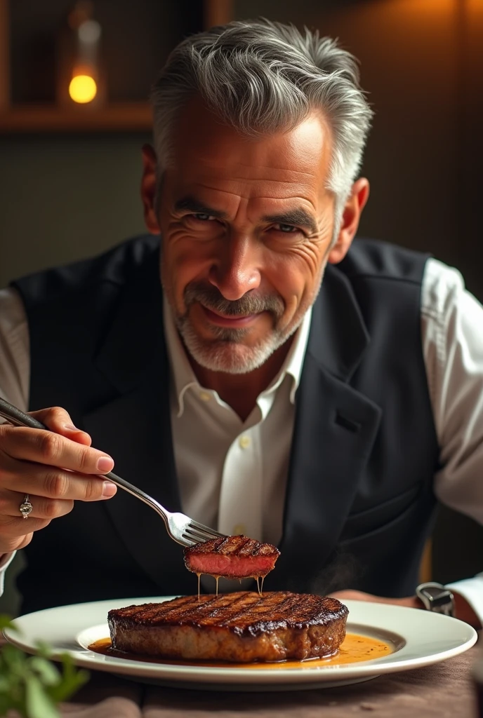 A handsome middle-aged man eating a delicious steak