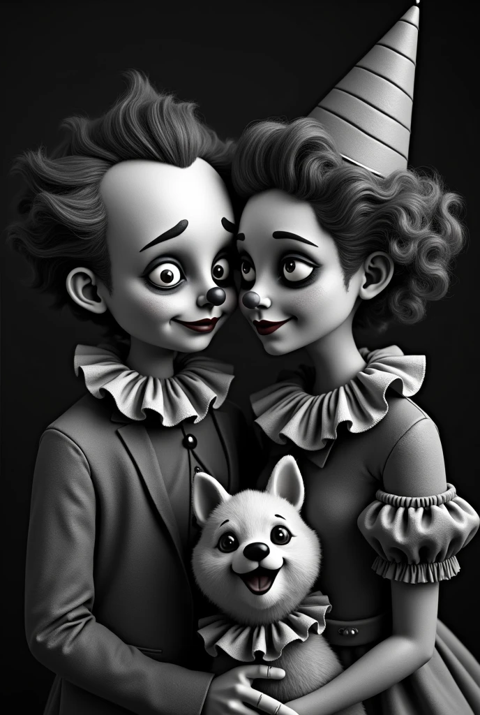 A sad male clown, a colorful happy female clown, a white and brown dog dressed as a clown, black and white cartoon, (best quality,4k,8k,highres,masterpiece:1.2),ultra-detailed,(realistic,photorealistic,photo-realistic:1.37),hyperrealistic,3D,highly detailed,cinematic lighting,dramatic shadows,beautiful intricate details,dynamic composition,striking contrasts,expressive facial features,emotive body language,whimsical,playful,surreal,moody,melancholy,joyful,vibrant colors,soft lighting,dramatic lighting
