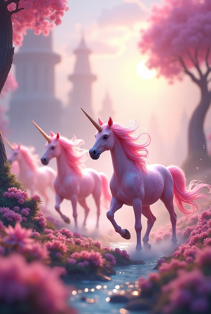 Pink unicorns in a magical world