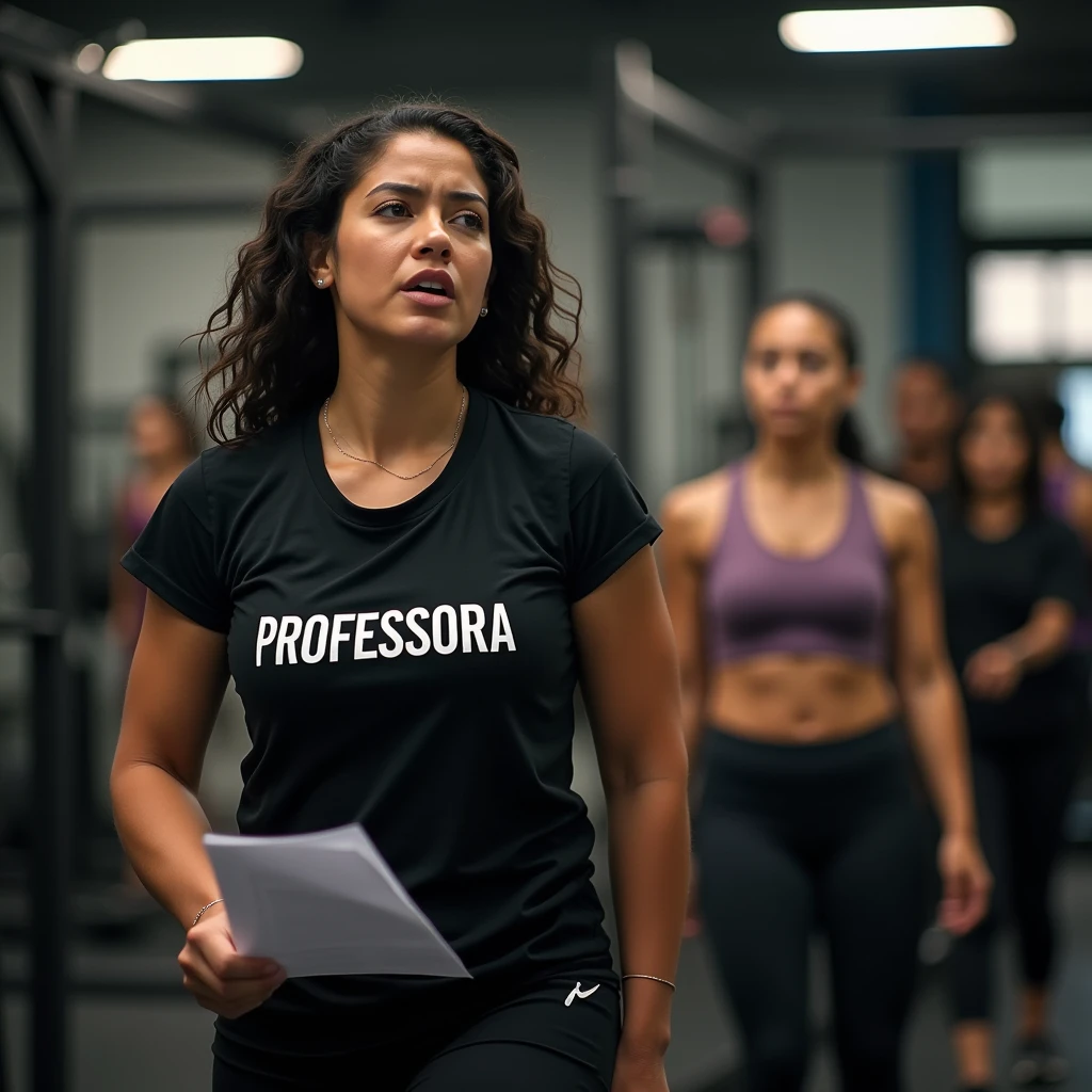 “Inside a bustling gym predominantly filled with women, the scene unfolds with various weight machines and exercise equipment in the background. In the foreground, the focus is on a young gym instructor—a 24-year-old Black Brazilian woman wearing a black t-shirt with ‘PROFESSORA’ boldly written in uppercase letters. She is visibly furious and overwhelmed, surrounded by three female students, all of whom are frustrated and demanding her attention. The instructor is completely overburdened, trying to address the students’ concerns while struggling to maintain control.

In the background, slightly out of focus but still noticeable, stands an elderly Brazilian woman, 6, holding a workout sheet in her hand. She appears desolate and abandoned, deeply upset as she struggles to understand how to perform her exercises. Despite her clear need for assistance, she is left unattended, her sense of isolation heightened by the chaos in the foreground. The entire scene is set in a weight training gym with high-quality exercise machines, catering mainly to women.

The image should be captured with ultra-realistic quality using a Canon EOS R5 camera paired with an RF 50mm f/1.2L lens, known for its ability to create a sharp focus on the foreground while softly blurring the background. Lighting should be enhanced with a PolarPro QuartzLine ND filter for smooth contrast and balanced exposure. To achieve a warm, natural look, employ a Tiffen Glimmerglass filter, softening the harshness of the scene while maintaining detail. The final image should convey the intense emotions of frustration and stress in the foreground, contrasted with the loneliness and abandonment of the elderly woman in the background.”