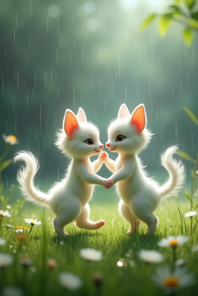 Two cute white  Chinese mythical creatures dancing on grass in rain