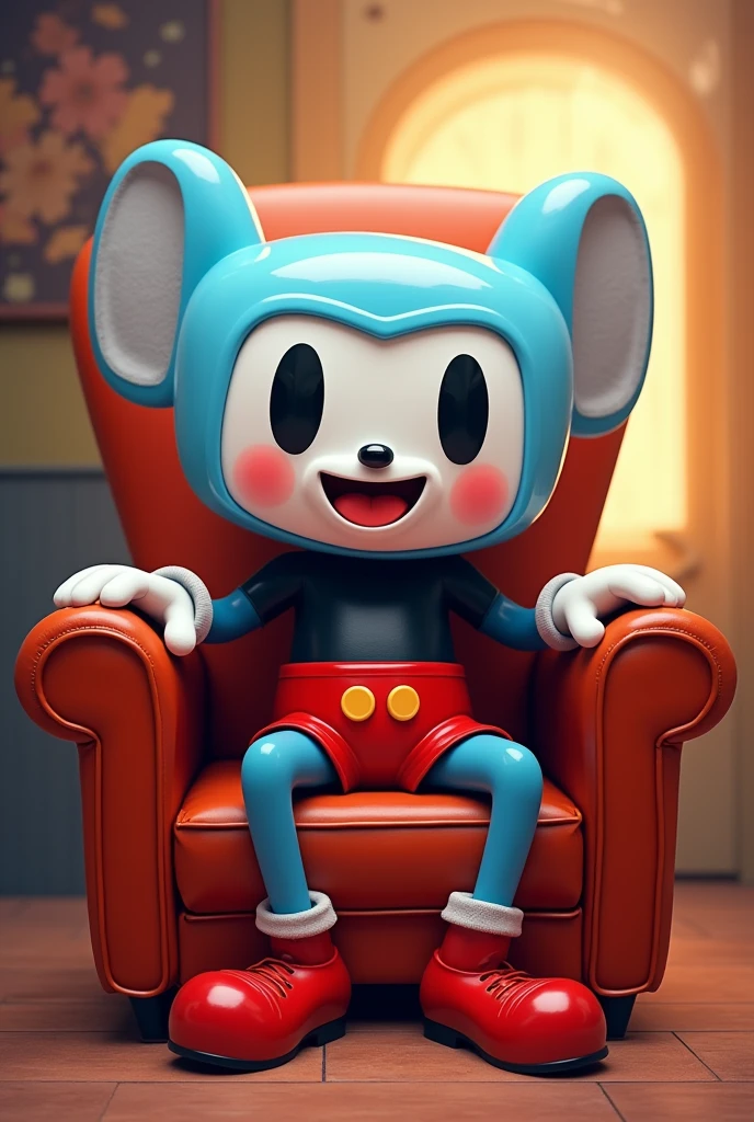 Mugman solo, looking at viewer, smile, 1boy, full body, sitting on chair, looking at viewer