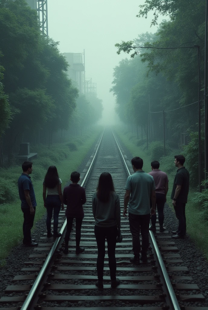 9 people are standing on the railway line