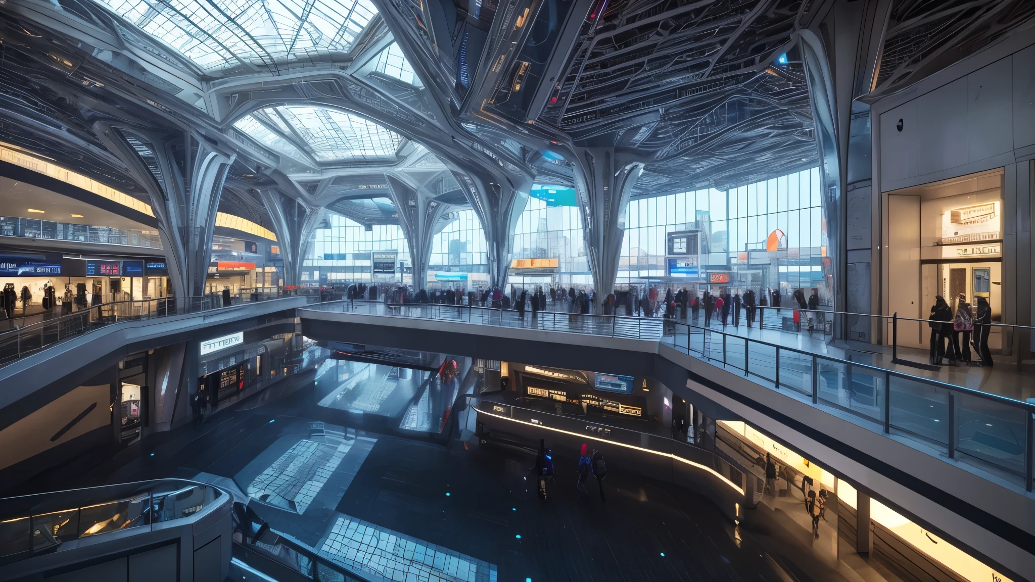 scifi, futuristic mall, architectual, space design, cyberpunk, futuristic, hightech, hard-surface design, daylight, much tech, much electronic, very cozy, ambient light, realistic view, wide angle, year 2124