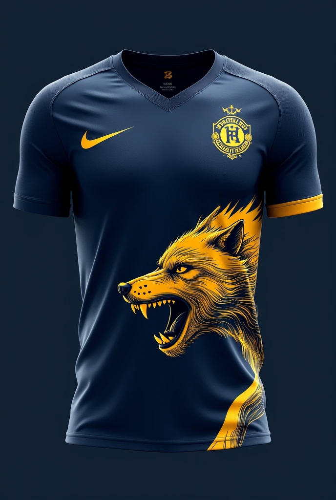 I need a shirt for the interclass with the color navy blue and gold. This shirt must have Nike's sponsorship in gold. And in the lower right corner of the shirt a fierce wolf showing its navy blue and gold teeth, being golden as predominant