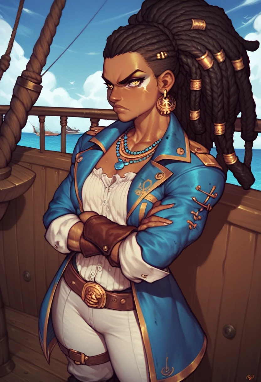 black pirate woman with long dreadlocks tied in a ponytail, muscular body, yellow eyes clothes covered in blood, small breasts, blue coat, white pants, white oversized shirt, serious face, belts all over her body, stormy weather, dark sky, on ship, hands crossed, badass, golden earrings and necklaces