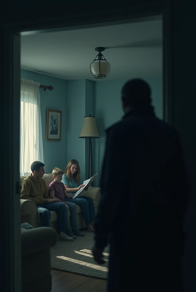 Create a realistic image of a shadowy figure spying on a family in their own home. Show the family in a cozy living room, engaged in various activities such as watching TV and reading a newspaper. In the foreground or background, depict a dark, indistinct silhouette or shadow lurking just outside a window or partially concealed behind a doorframe, observing the family. Use muted lighting and dark, contrasting colors to emphasize the intrusiveness and stealth of the shadow. Ensure the family remains unaware of the intrusion, capturing a sense of unease and covert surveillance in a familiar and intimate setting.