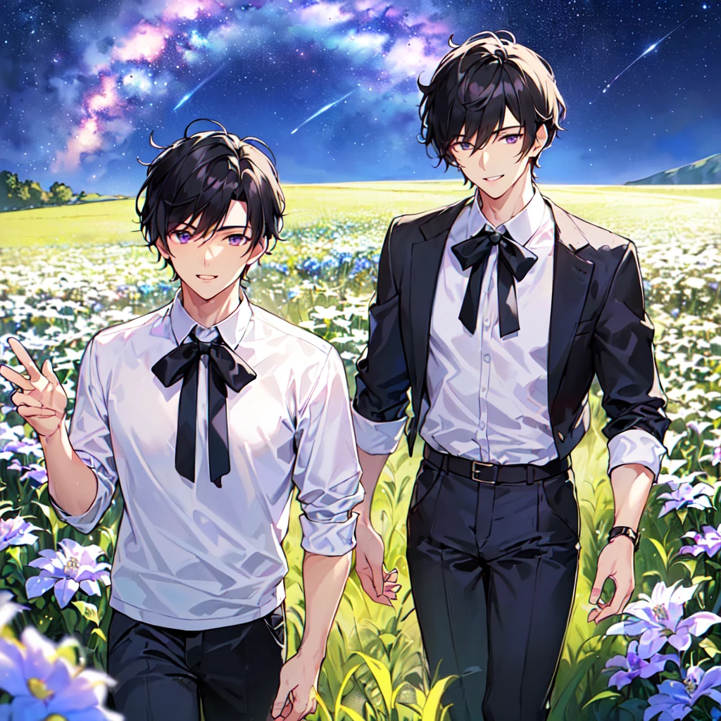 masterpiece,best quality,high quality,(1male austere handsome solo adult age 30 years old:1.5), purple eyes, cool with suspended eyes, V-shaped eyebrows, body strong and fearless 8.5 head tall, height 185cm, (well-groomed black short hair to neck:1.4), (bangs 7 thirds parted:1.4), slender nose, facial muscles, throat, (pants in dew grass summer fashion:1.3), (walking:1.3), (stylish pose), (cool smile:1.3), (upper body:1.3), (background dew grass summer flower field:1.3) , (Milky Way Night Sky:1.3)