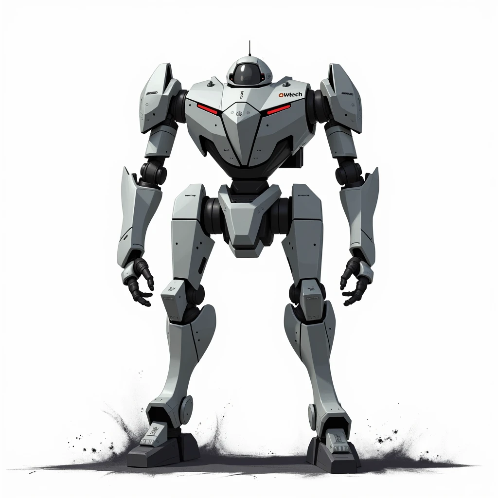 Standing mech, full body frontal, simple_background, white_background, reggie steel, metallic, black sand, laser sight, owtech, sci-fi, stylized, ghibli, flat monochrome drawing, light and shadow realistic, cyberpunk, futuristic, digital art, best quality, graphic animation, sfw, starsector, sci-fi style, high-tech product, sci-fi, fantasy, very detailed detail, digital painting, Trends on artstation, concept art, sharp focus, illustration,