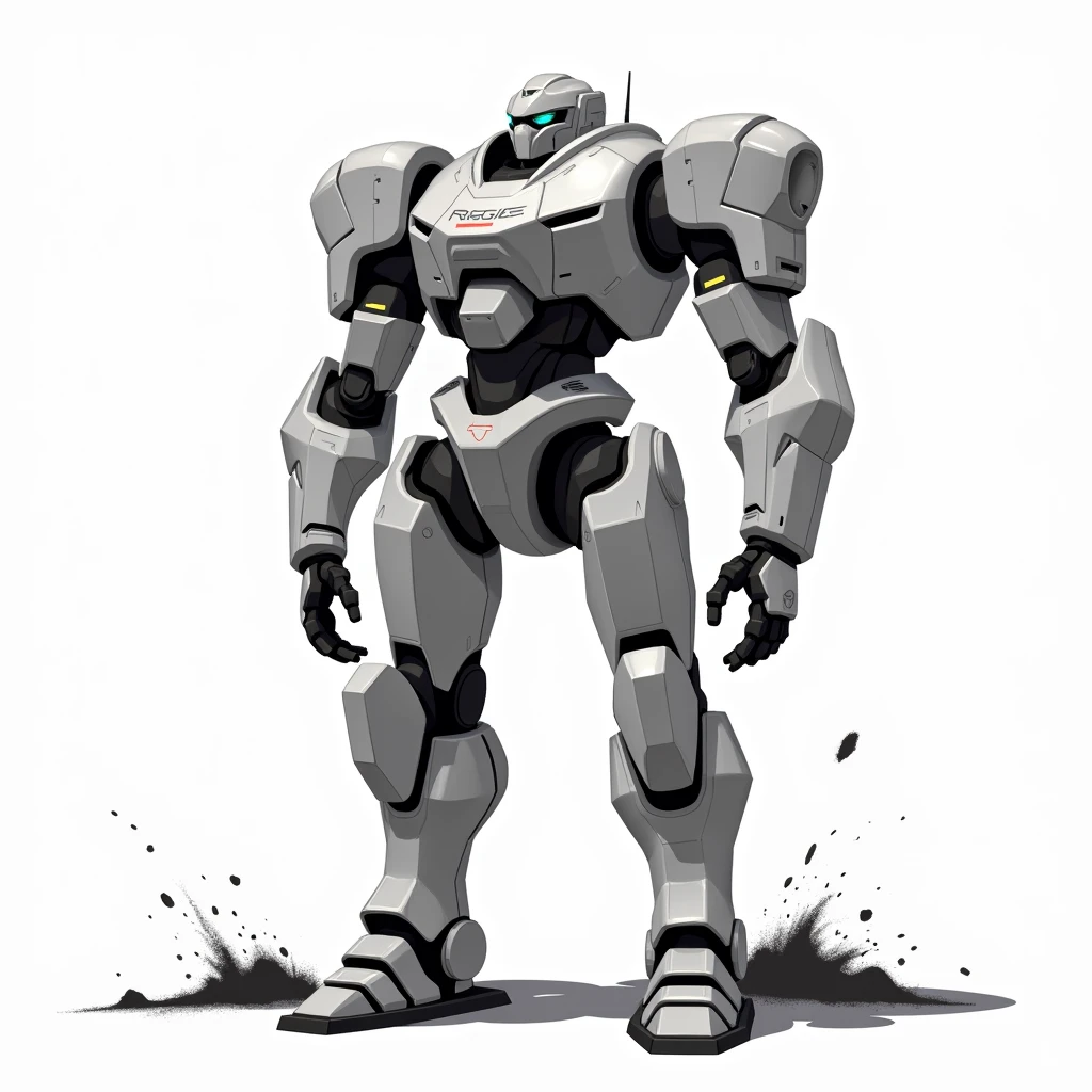 Standing mech, full body frontal, simple_background, white_background, reggie steel, metallic, black sand, laser sight, owtech, sci-fi, stylized, ghibli, flat monochrome drawing, light and shadow realistic, cyberpunk, futuristic, digital art, best quality, graphic animation, sfw, starsector, sci-fi style, high-tech product, sci-fi, fantasy, very detailed detail, digital painting, Trends on artstation, concept art, sharp focus, illustration,