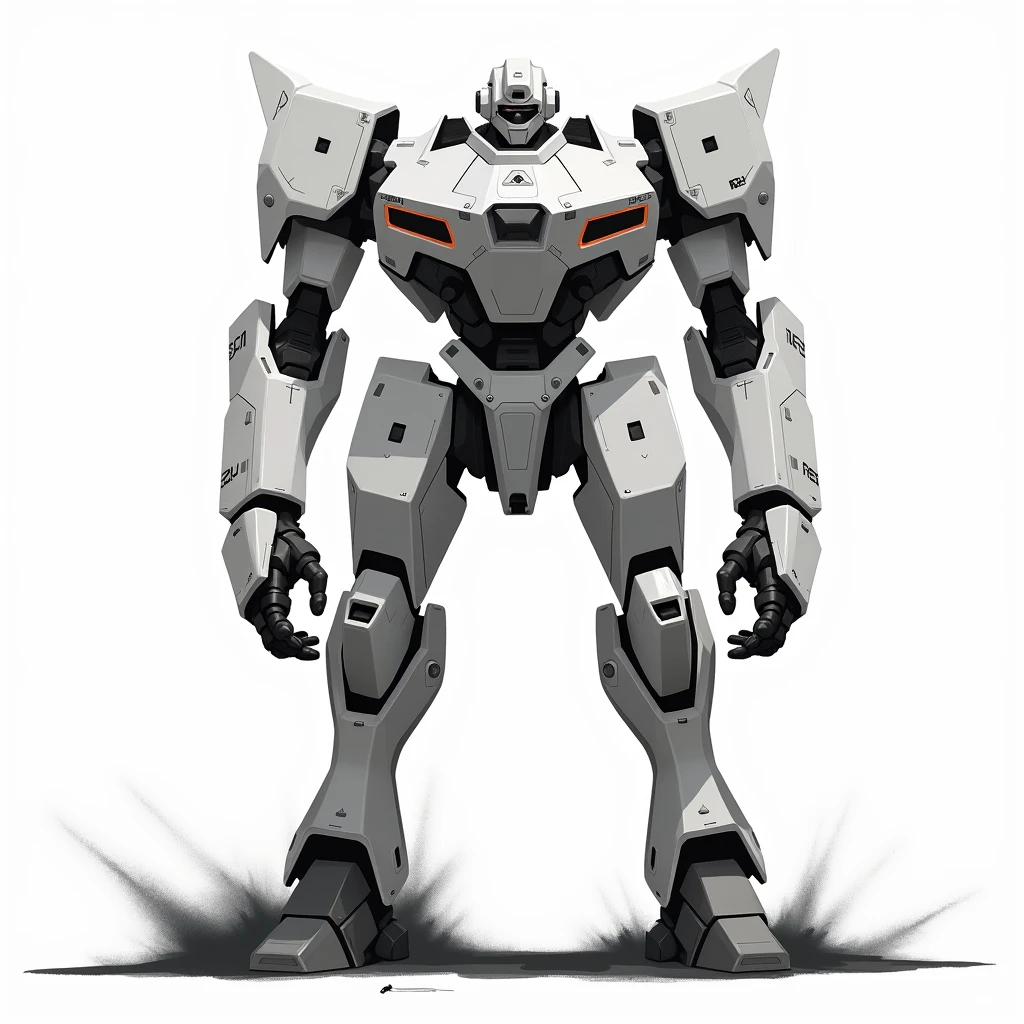 Standing mech, full body frontal, simple_background, white_background, reggie steel, metallic, black sand, laser sight, owtech, sci-fi, stylized, ghibli, flat monochrome drawing, light and shadow realistic, cyberpunk, futuristic, digital art, best quality, graphic animation, sfw, starsector, sci-fi style, high-tech product, sci-fi, fantasy, very detailed detail, digital painting, Trends on artstation, concept art, sharp focus, illustration,