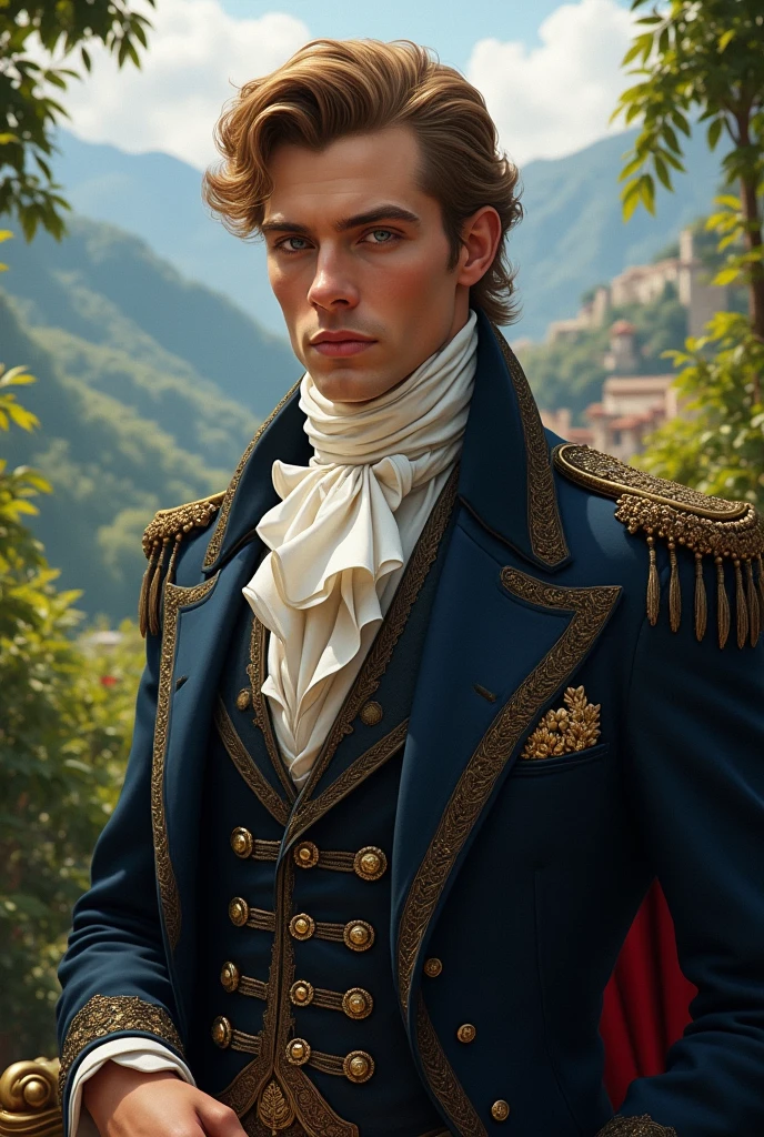 Hombre guapo y varonil de 32 años principe de Mónaco época victoriana sumamente apuesto 👁️ fuerte y vigoroso, dark golden hair white skin, blue as the sea and thick lips, dressed according to her rank in a Victorian landscape