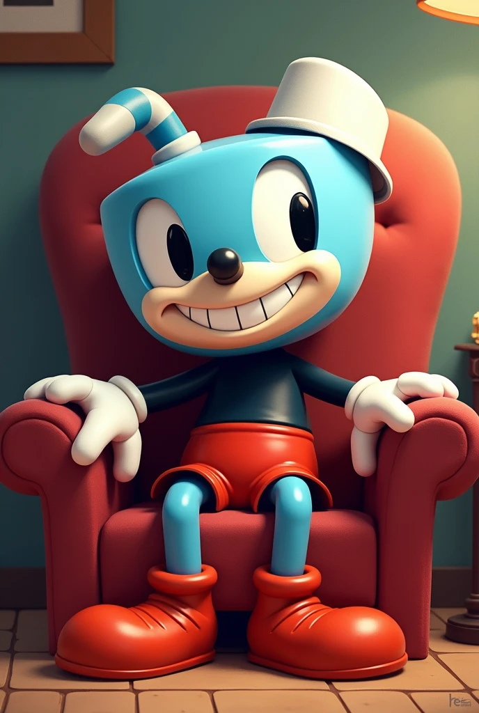 Mugman solo, looking at viewer, smile, 1boy, full body, sitting on chair, looking at viewer