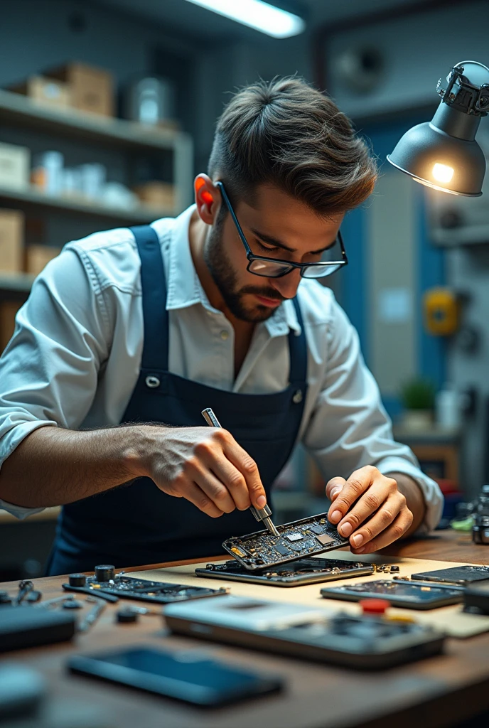 Technician in a repair shop, fixing a cell phone.