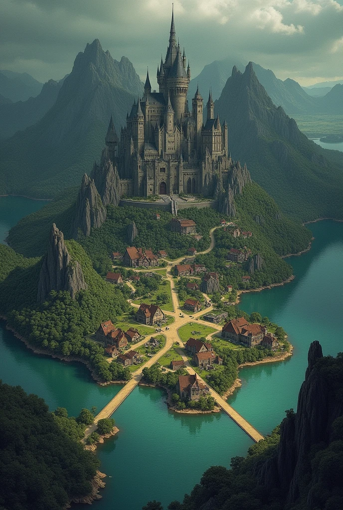 create a map of a dark fantasy universe with castles, lakes and communities