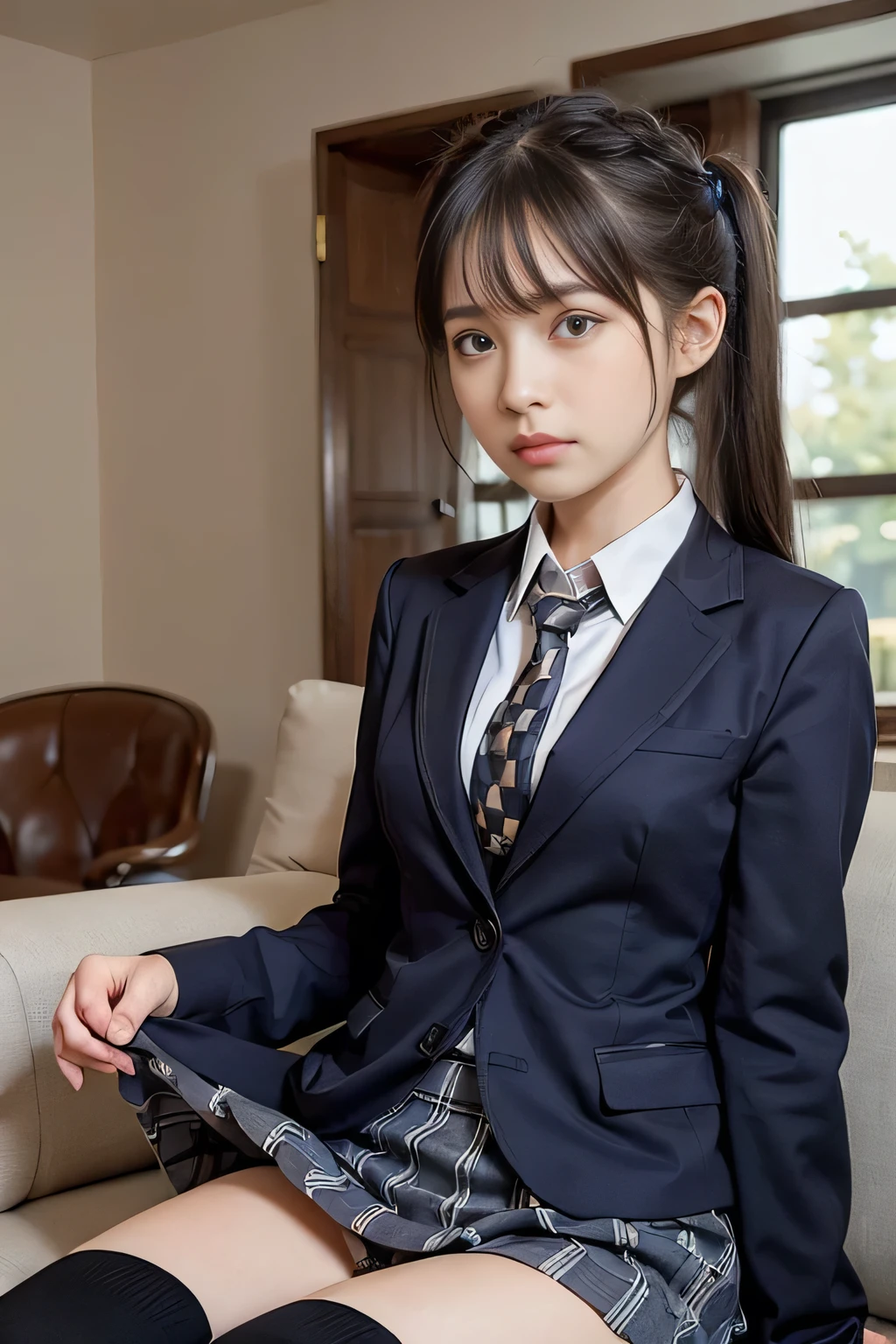 ((masterpiece:1.4))、((flying debris:1.4))、((1:1.4))、((Twin tail hair:1.4))、((Cowboy Shot:1.4))、((Front shot:1.4))、((Shooting from below:1.4))、((sitting on the couch in the living room:1.4))、((Checkered Pleated Skirt Lift:1.7))、((High School Uniform Tie:1.4))、Very sexy outfit, ((and a cobalt blue blazer suit:1.4))、((in a cobalt blue blazer uniform:1.4))、((Skirt Lift:1.5))、((Black knee-high socks:1.5))、Sexy look,((Woman with sad expression:1.4))、