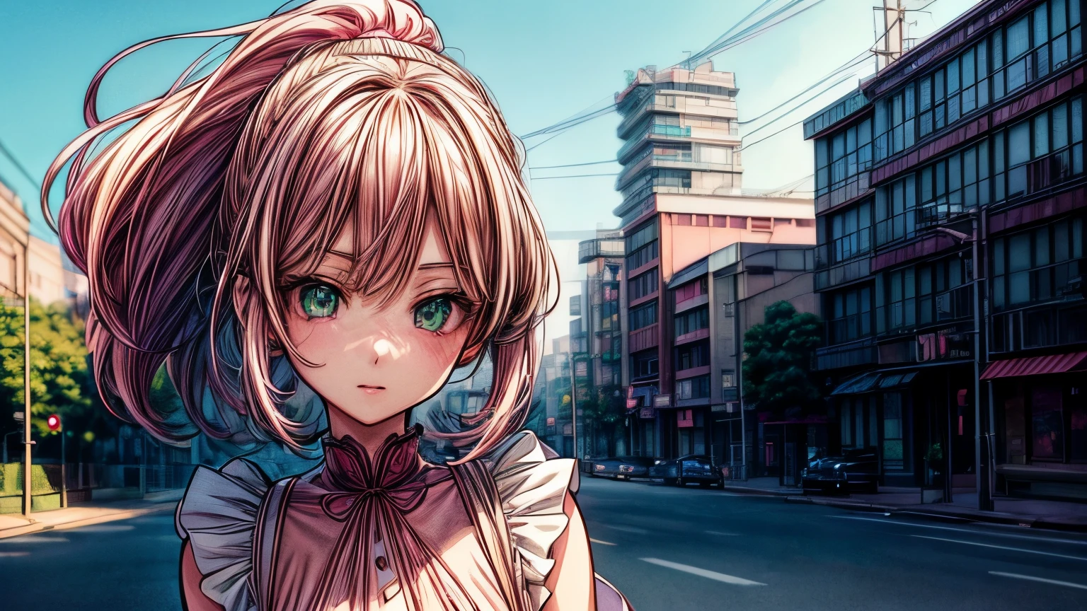 Ultra detailed illustration of a cute woman, Idol singer, sweetloli, light pink hair, green eyes, kawaii, ((Ultra detailed face)), ((Focus on the face)), modern urban environment, anime style of MSchiffer, (( Studio ghibli fused with pixar) bright colors, high saturation, Medium shot, Flat colors, cell shading, Screenshot,