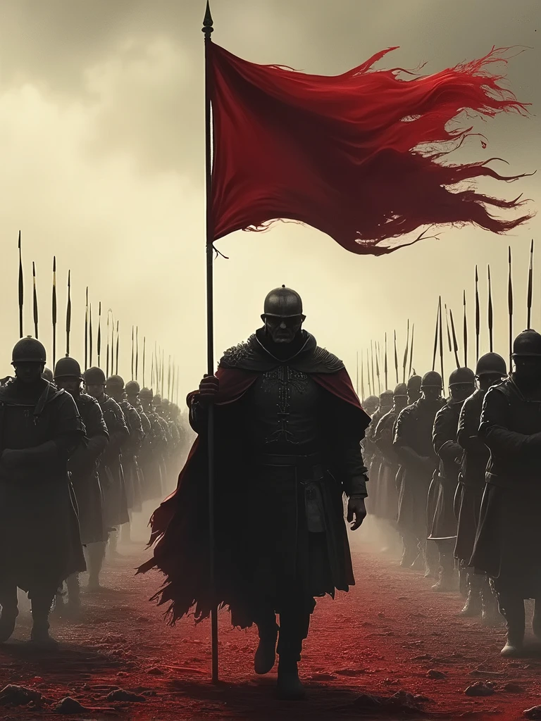 I march before a martyred world, an army for the fight
I speak of great heroic days, of victory and might
I hold a banner drenched in blood, I urge you to be brave
I lead you to your destiny, I lead you to your grave